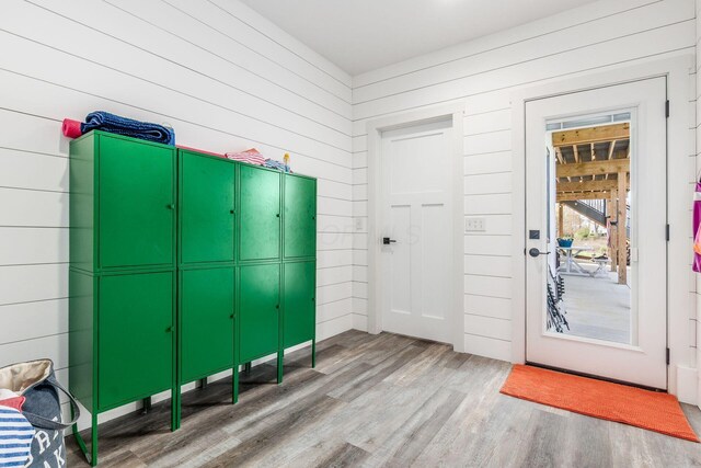 miscellaneous room featuring wooden walls and wood finished floors
