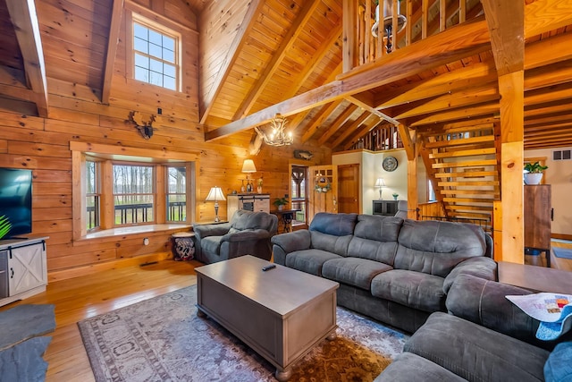 living room featuring wooden walls, vaulted ceiling with beams, wood ceiling, a chandelier, and hardwood / wood-style flooring