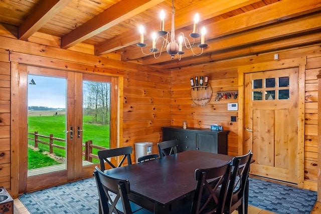 dining room with wooden ceiling, wood walls, beam ceiling, and a chandelier