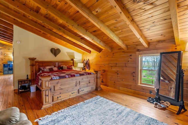 bedroom with wood ceiling, lofted ceiling with beams, hardwood / wood-style flooring, and wooden walls