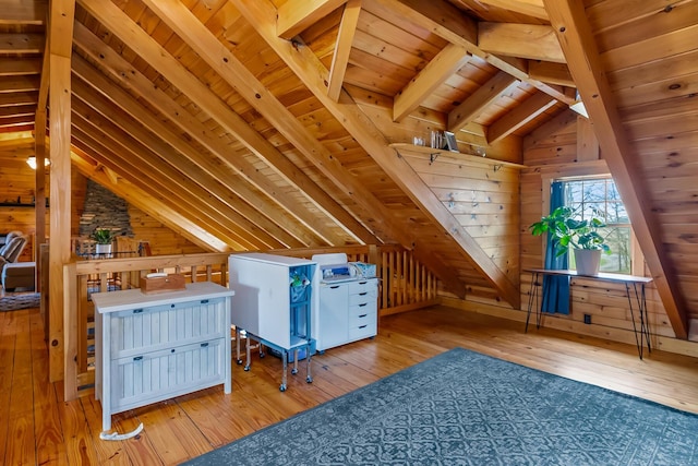 bonus room with lofted ceiling with beams, hardwood / wood-style flooring, wooden walls, and wood ceiling