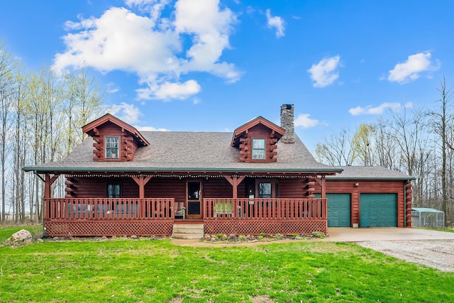 log cabin with a porch, gravel driveway, a chimney, and log siding