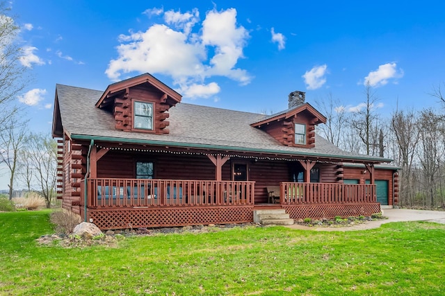 cabin featuring a front lawn, driveway, a porch, a chimney, and log exterior