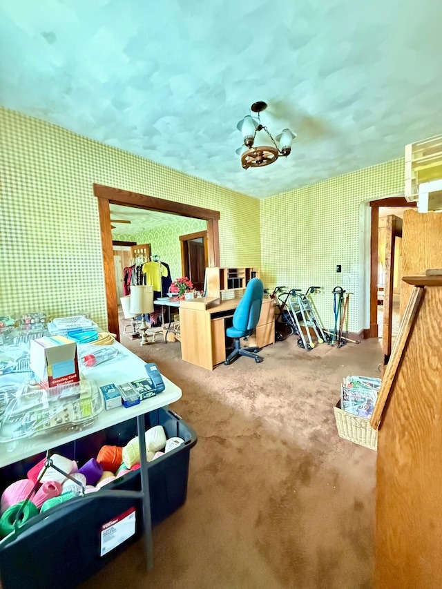 15825 State Route 207, Mount Sterling, OH 43143 - interior space featuring carpet flooring, wallpapered walls, and a chandelier