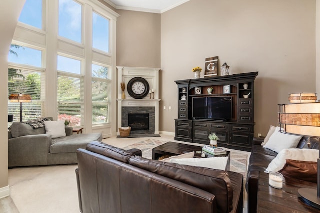 6509 Spring Run Dr, Westerville, OH 43082 - living room featuring crown molding, baseboards, a high ceiling, and a stone fireplace