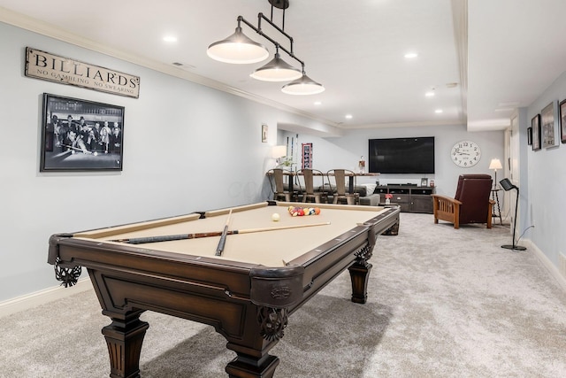 6509 Spring Run Dr, Westerville, OH 43082 - game room featuring billiards, visible vents, baseboards, ornamental molding, and carpet