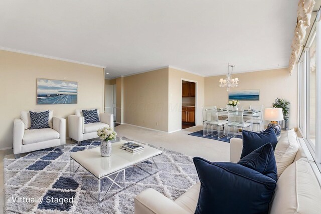 1000 Urlin Ave Unit 520, Columbus, OH 43212 - carpeted living room featuring a chandelier and crown molding
