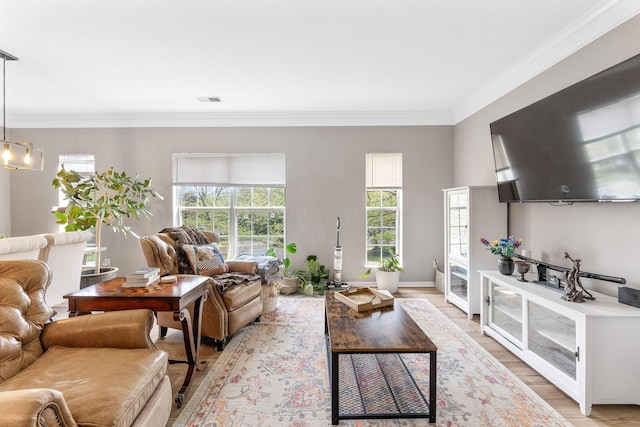 living room with crown molding, visible vents, a wealth of natural light, and light wood-style flooring
