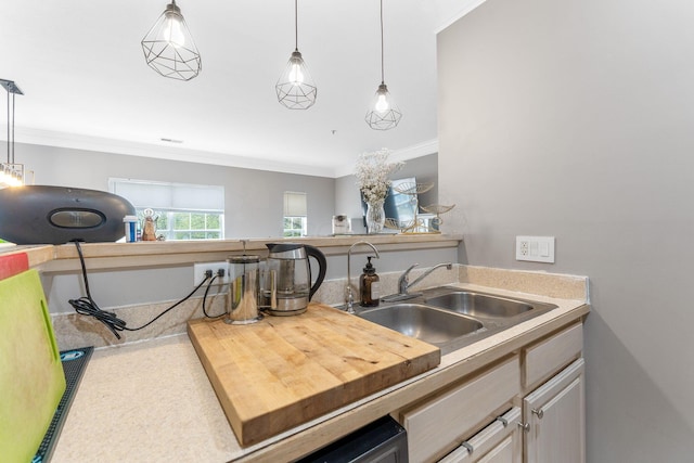 kitchen featuring decorative light fixtures, ornamental molding, and a sink