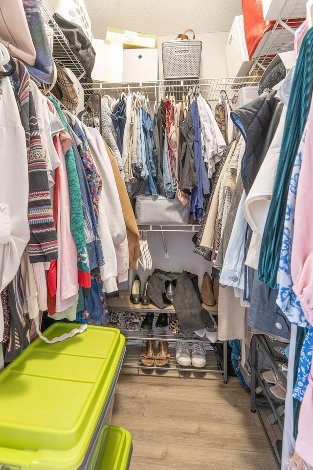 walk in closet with wood finished floors