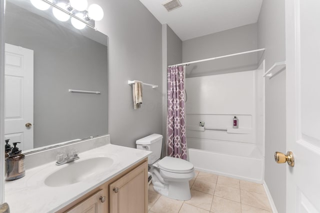 full bath featuring visible vents, tile patterned floors, vanity, toilet, and shower / bathtub combination with curtain