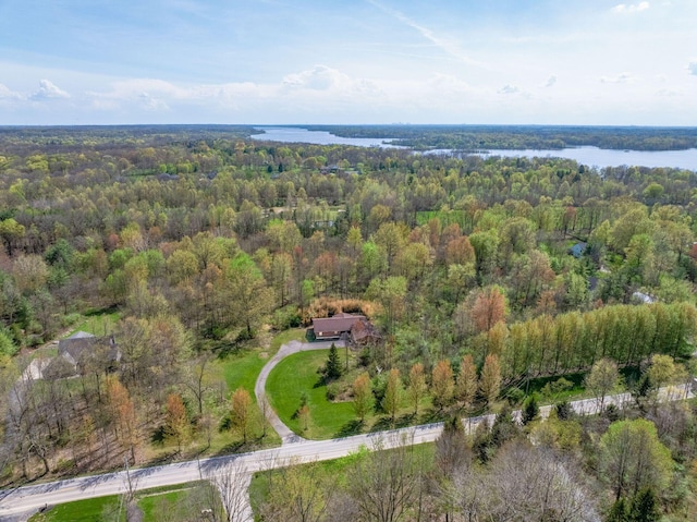 bird's eye view featuring a water view and a wooded view