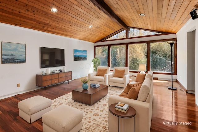 living room with wood ceiling, baseboards, vaulted ceiling with beams, and wood-type flooring