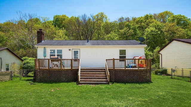 650 Licking View Dr, Heath, OH 43056 - rear view of house featuring a deck, stairway, a chimney, and a gate