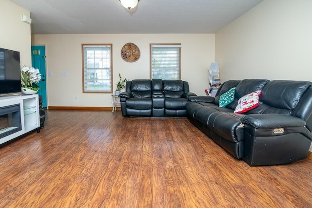 living room with baseboards and wood finished floors