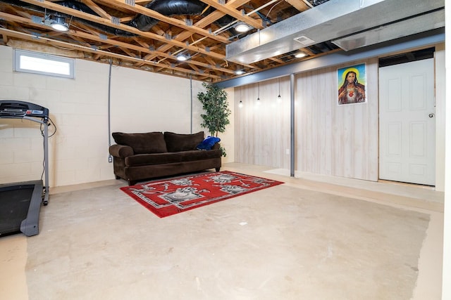 below grade area featuring concrete block wall
