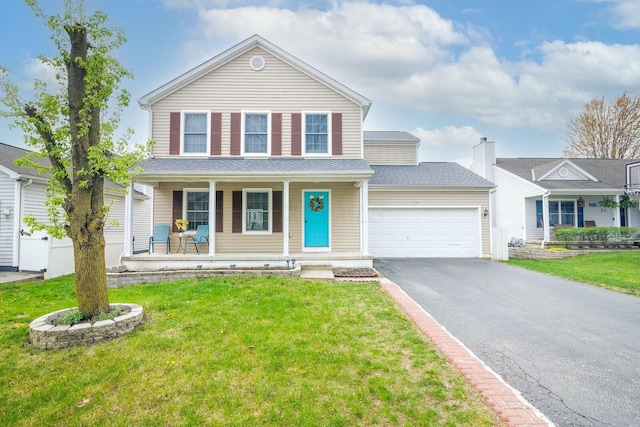 traditional-style home featuring a garage, covered porch, a front yard, and aphalt driveway