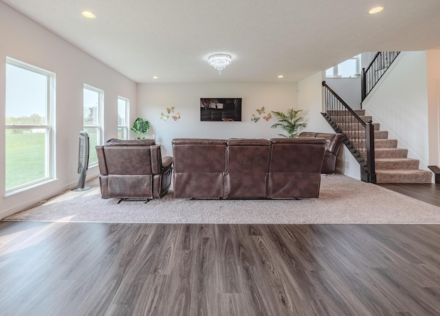 9295 Dewitt Dr, Plain City, OH 43064 - living area featuring stairs, recessed lighting, and wood finished floors
