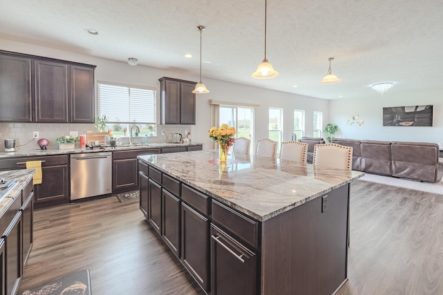 9295 Dewitt Dr, Plain City, OH 43064 - kitchen featuring a healthy amount of sunlight, light wood-style floors, stainless steel dishwasher, and open floor plan