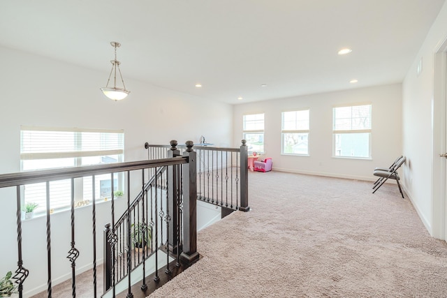 9295 Dewitt Dr, Plain City, OH 43064 - hallway featuring carpet floors, baseboards, recessed lighting, and an upstairs landing