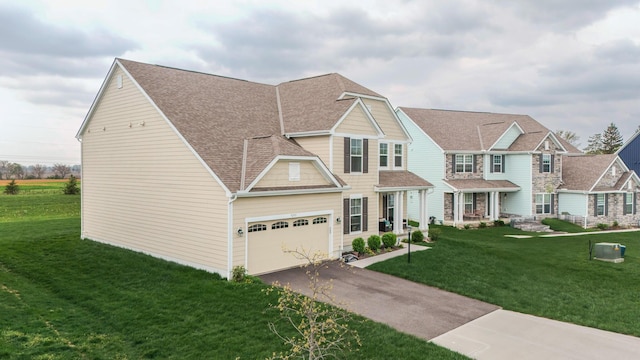 9295 Dewitt Dr, Plain City, OH 43064 - craftsman-style home with a garage, driveway, roof with shingles, and a front yard