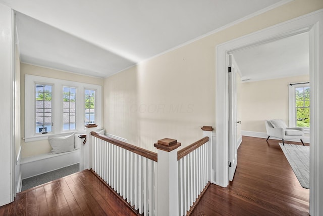 1812 Newark Granville Rd, Granville, OH 43023 - hallway featuring healthy amount of natural light, wood finished floors, crown molding, an upstairs landing, and baseboards