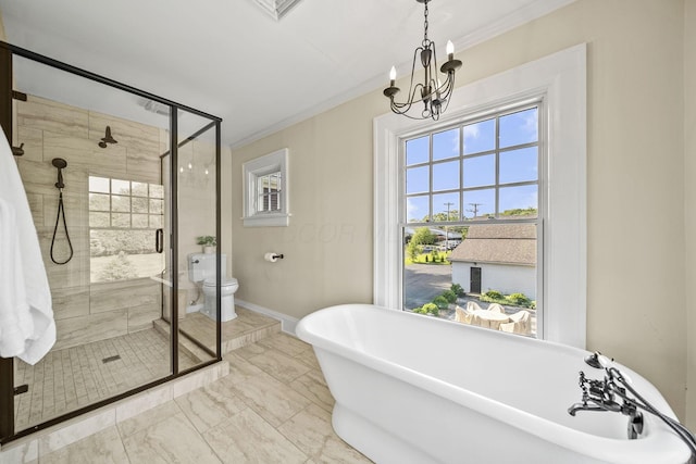 1812 Newark Granville Rd, Granville, OH 43023 - full bathroom with a freestanding tub, a chandelier, a stall shower, crown molding, and toilet
