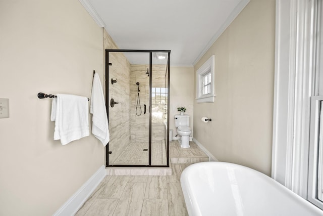1812 Newark Granville Rd, Granville, OH 43023 - full bath featuring a stall shower, a freestanding bath, baseboards, toilet, and crown molding