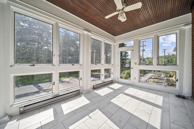 1812 Newark Granville Rd, Granville, OH 43023 - unfurnished sunroom featuring wooden ceiling, baseboard heating, and marble finish floors