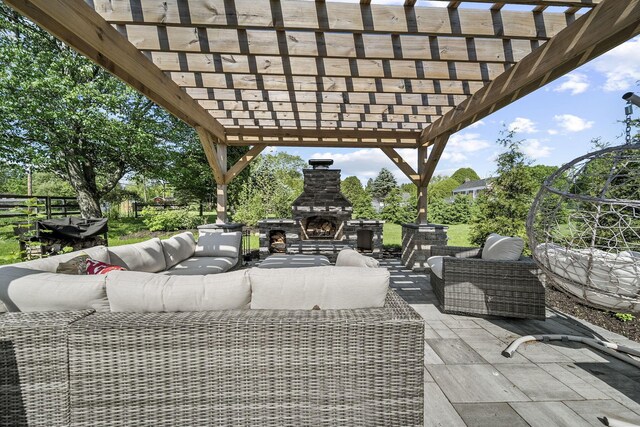 1812 Newark Granville Rd, Granville, OH 43023 - view of patio / terrace with an outdoor living space with a fireplace, fence, a pergola, and grilling area