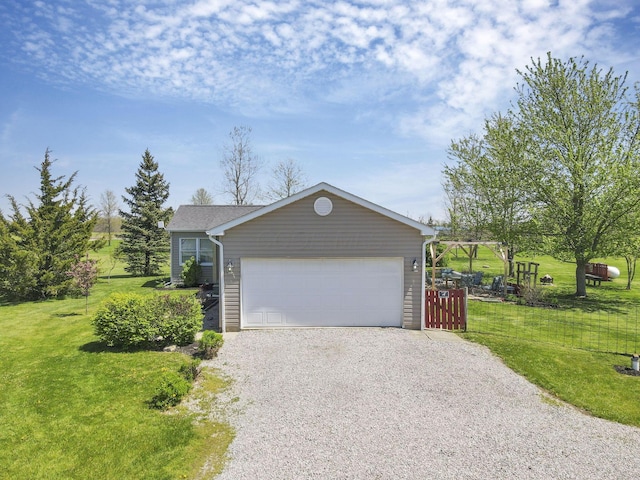 garage with gravel driveway