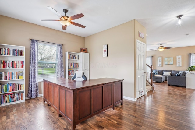 2128 Clay Stone Pl, Reynoldsburg, OH 43068 - office area featuring ceiling fan, dark wood finished floors, and baseboards