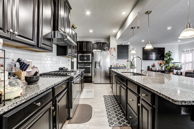 kitchen with tasteful backsplash, a sink, stone countertops, stainless steel appliances, and under cabinet range hood