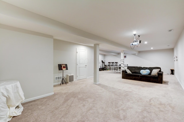 living room featuring recessed lighting, baseboards, visible vents, and carpet