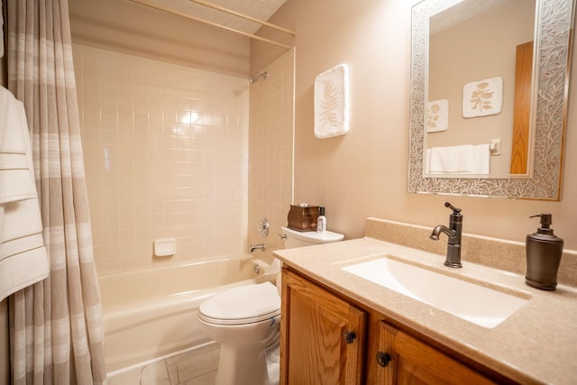full bath with tile patterned flooring, shower / tub combo with curtain, toilet, and vanity
