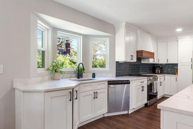 kitchen featuring tasteful backsplash, a sink, premium range hood, stainless steel appliances, and white cabinetry