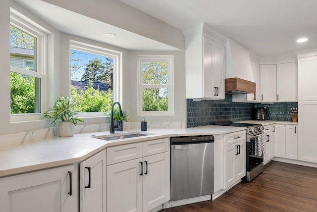 kitchen featuring white cabinets, appliances with stainless steel finishes, custom exhaust hood, and a sink
