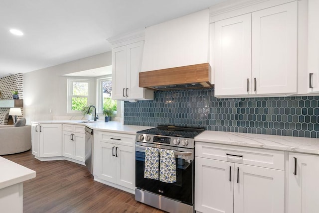 kitchen featuring a sink, decorative backsplash, stainless steel appliances, and dark wood-type flooring