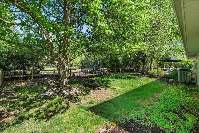 view of yard featuring a fenced backyard, a trampoline, and central AC