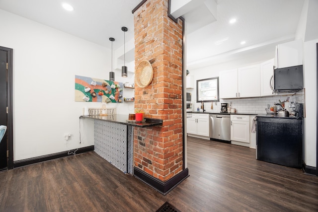 kitchen featuring stove, tasteful backsplash, dark wood-type flooring, stainless steel dishwasher, and dark countertops