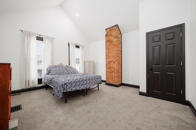 bedroom featuring visible vents, high vaulted ceiling, carpet flooring, and baseboards