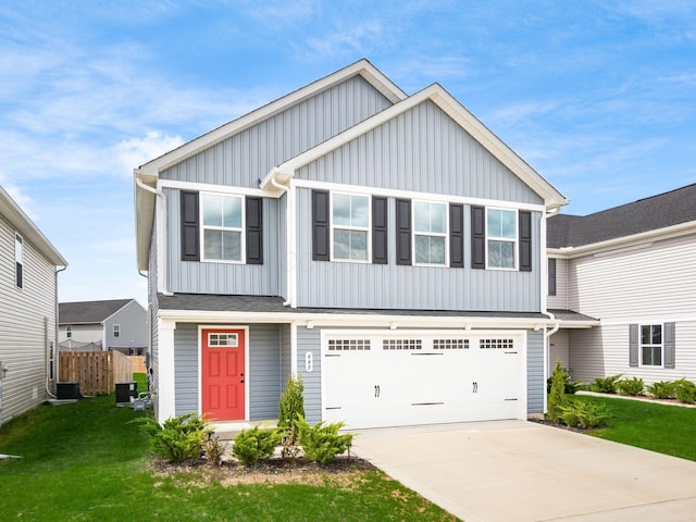 view of front of property featuring driveway, board and batten siding, fence, cooling unit, and a garage