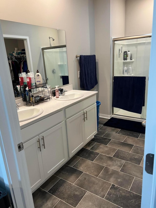 307 Shady Hollow Dr, Commercial Point, OH 43116 - bathroom featuring a walk in closet, double vanity, a stall shower, and a sink