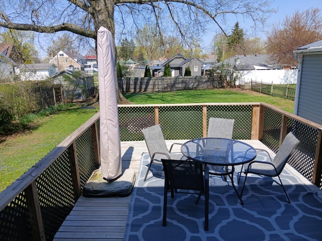 deck featuring a lawn, a fenced backyard, outdoor dining area, and a residential view