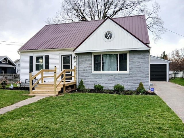 bungalow-style home featuring metal roof, stone siding, a front yard, and fence