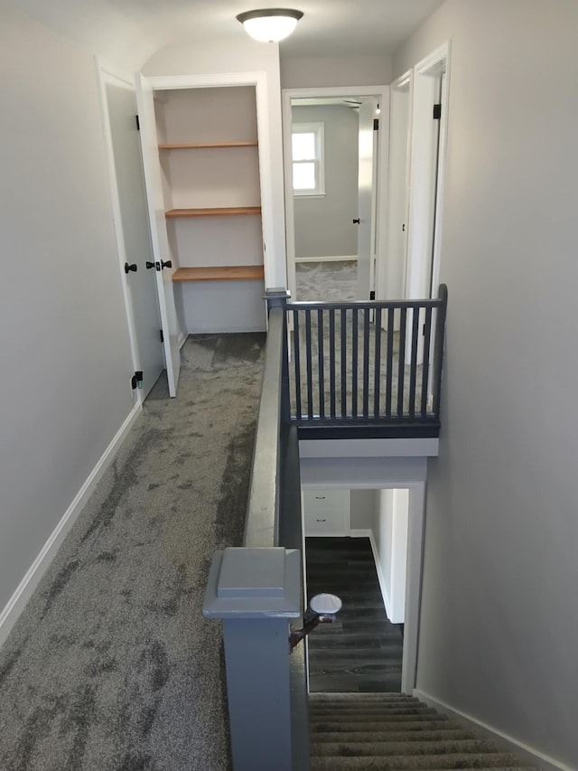 stairs with baseboards and carpet floors