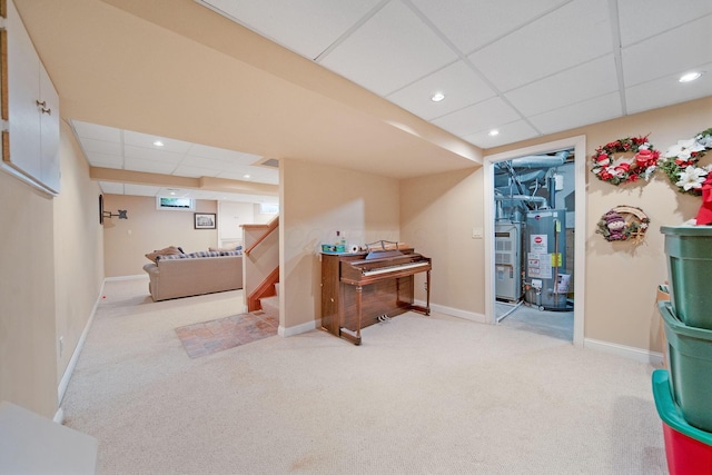6180 Storm Haven Ct, Lewis Center, OH 43035 - recreation room with water heater, a drop ceiling, carpet flooring, baseboards, and recessed lighting