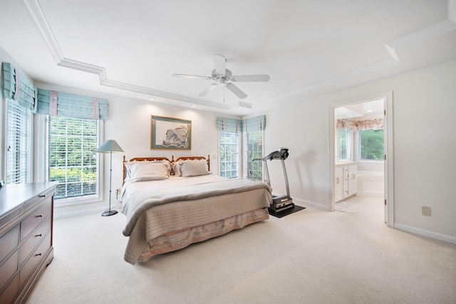 6180 Storm Haven Ct, Lewis Center, OH 43035 - bedroom featuring a tray ceiling, light colored carpet, baseboards, multiple windows, and ornamental molding