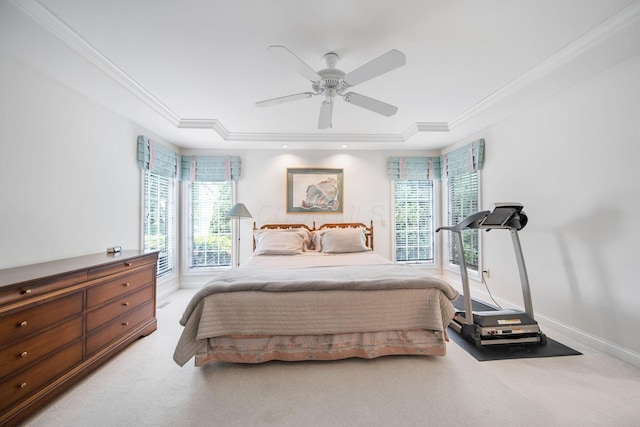6180 Storm Haven Ct, Lewis Center, OH 43035 - bedroom with light carpet, a tray ceiling, ceiling fan, baseboards, and ornamental molding