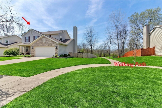 view of home's exterior featuring fence, stone siding, a yard, concrete driveway, and a garage